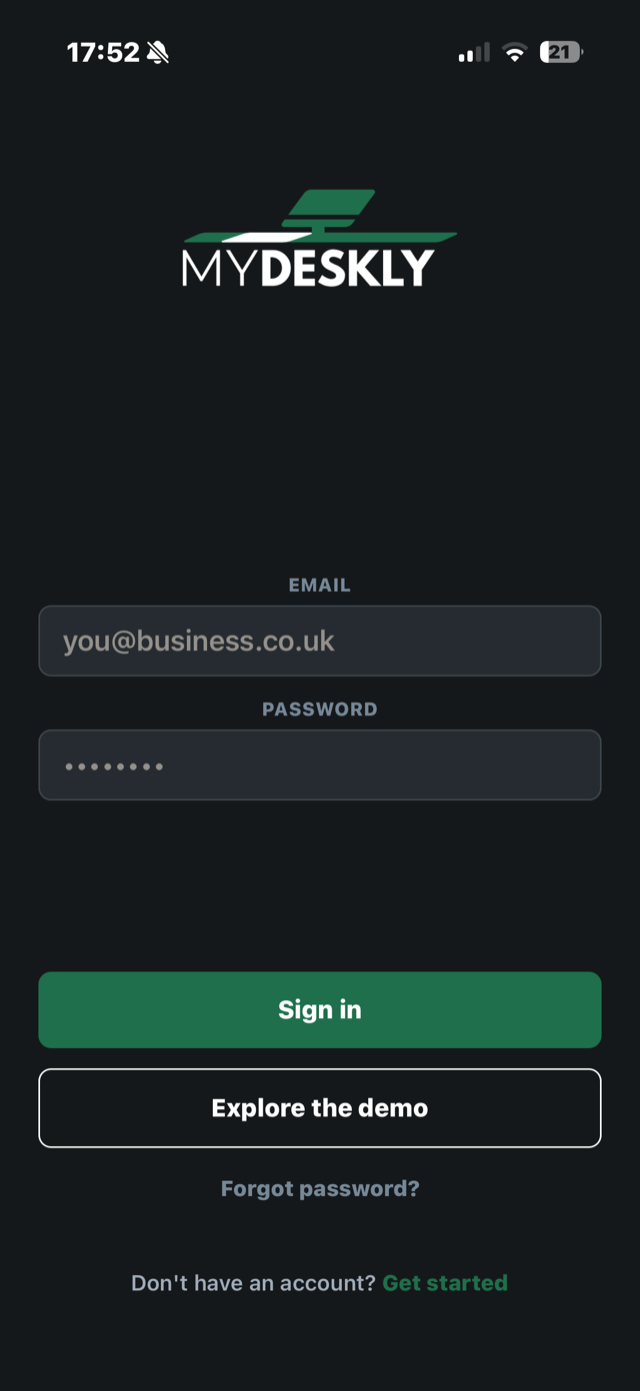 MyDeskly app sign-in screen